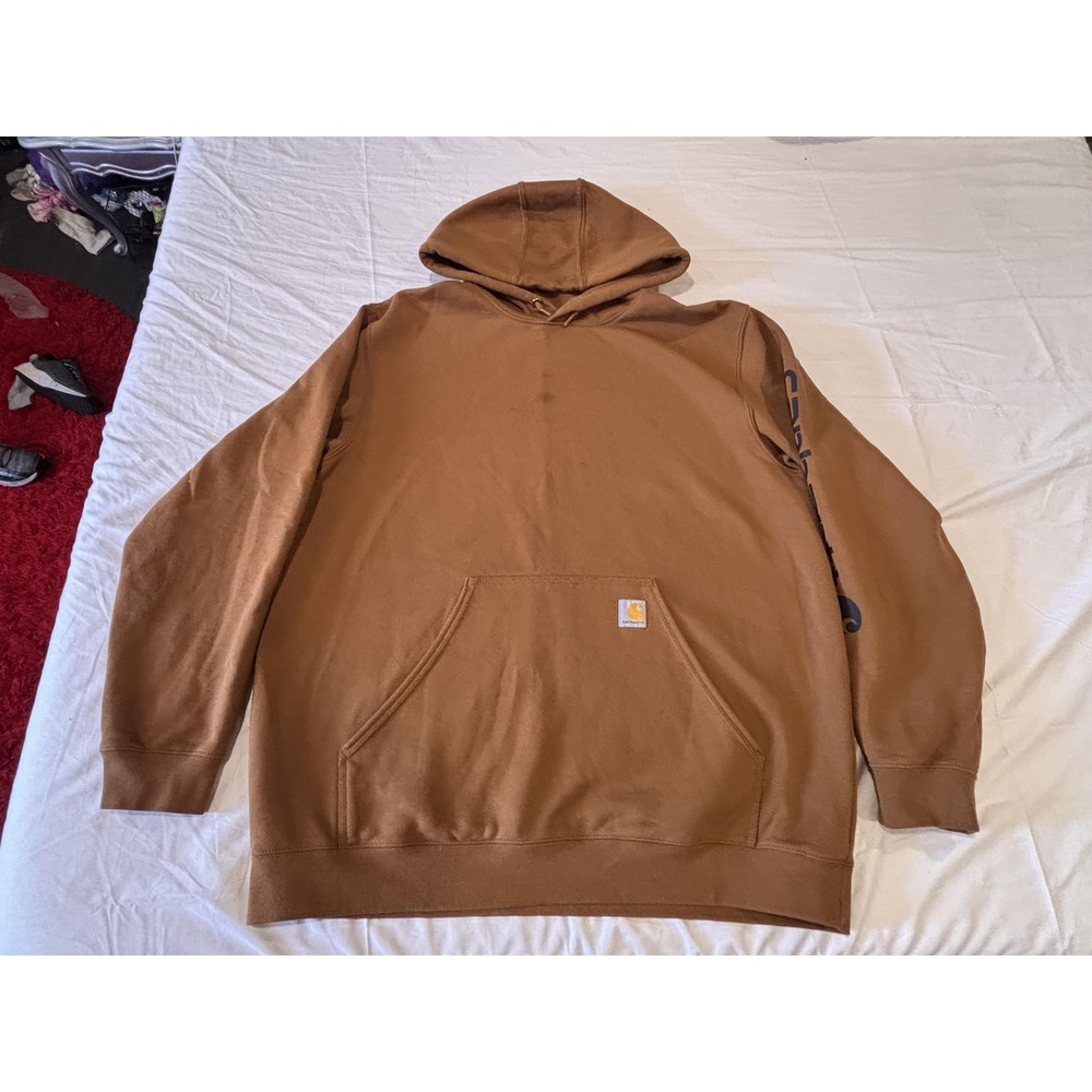 Carhartt Hoodie Mens XL Loose Fit Brown Pullover Sweatshirt Logo Sleeve K288